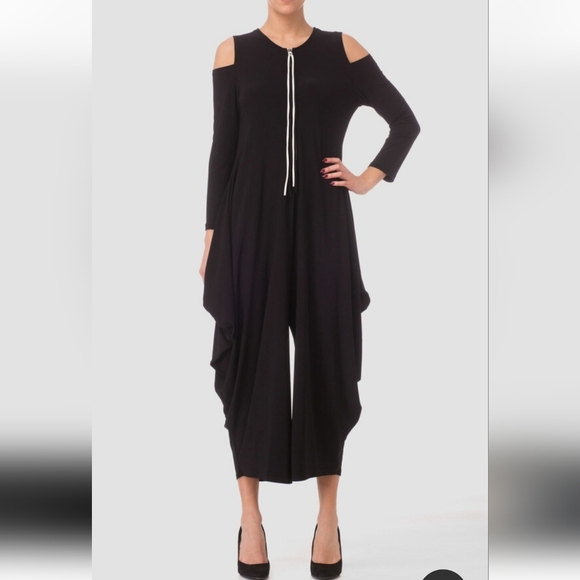 Joseph Ribkoff Harem Drape Cold Shoulder Zip Black Jumpsuit Stretchy Knit 2 - Picture 3 of 12